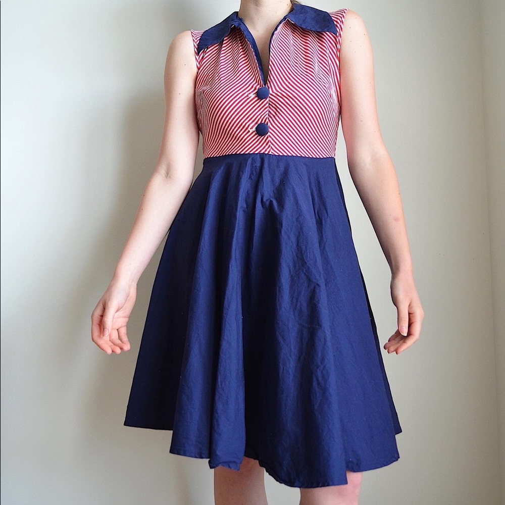 vintage 80s navy blue, red, and white striped a-line dress from Maggie Tang